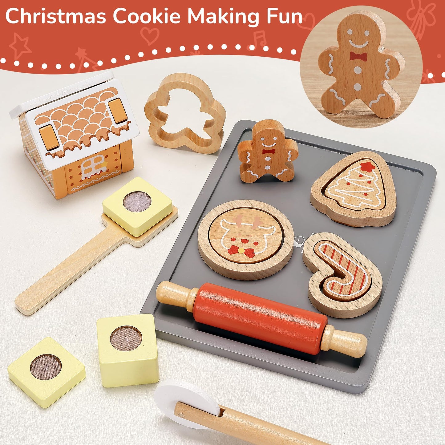 PairPear Gingerbread House Baking Playset - 29-Piece Wooden Christmas Kit for Kids - Educational Pretend Play Food, Child-Size