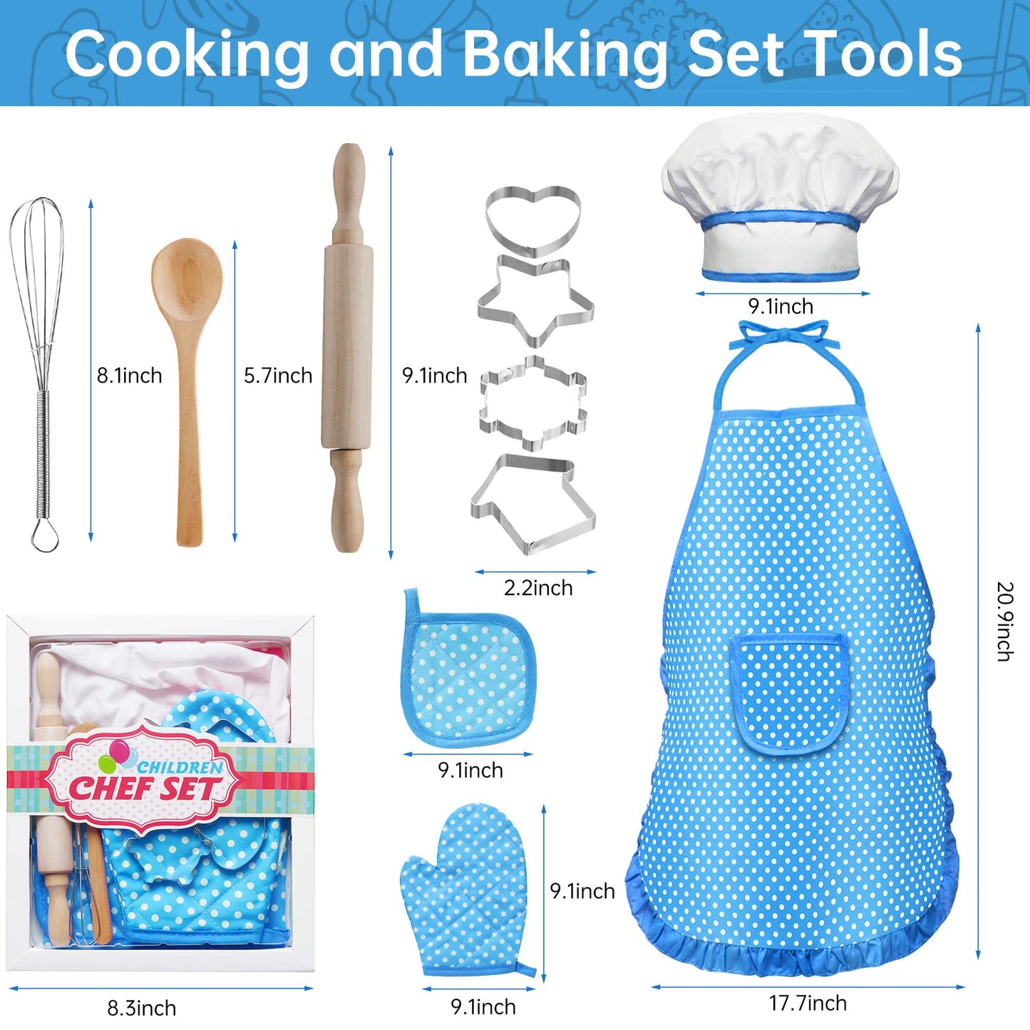 Kids Cooking and Baking Set,11 Pcs Kids Aprons for Girls,Chef Costume Set,Includes Kids Apron and Chef Hat,Mitt & Cooking Cutter