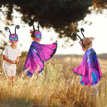 D.Q.Z Fairy Butterfly-Wings Costumes For Girls Dress Up Clothes Rainbow Tutu Mask Headband Role Play Toys For Girl 3-8 Gift (Rose)