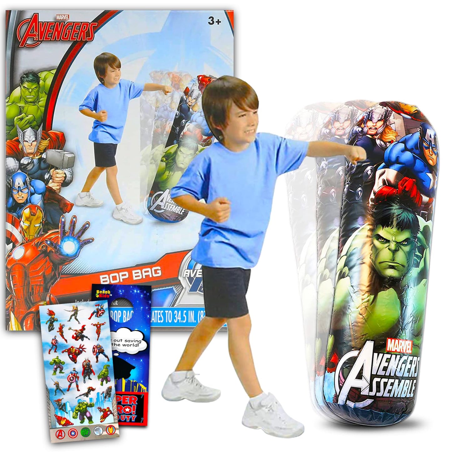 Marvel Avengers Bop Bag Set - 3 Pc Bundle with Superhero Punching Bag for Kids | Avengers Bop Bag with Stickers and More (Marvel