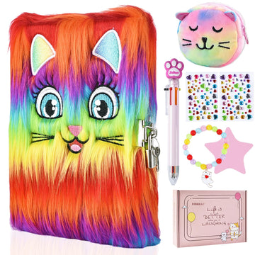 Pjdrllc Diary With Lock Girls Journal: Cute Notebook Set - Fuzzy Cat Diary - Birthday Gift For 6 7 8 9 10 Year Old Kids…