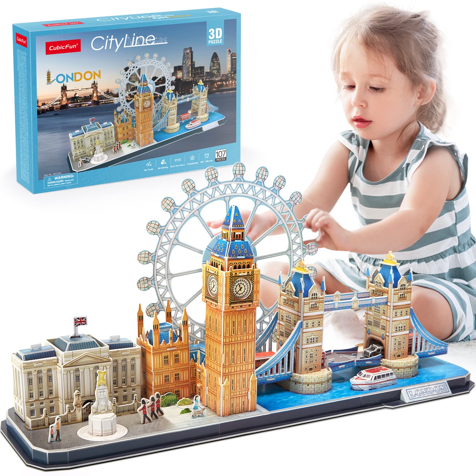 Cubicfun 3D Puzzles For Adults London Cityline Puzzles For Gifts For Teenage Girls Architecture Building Gifts For Women Men, Tower Bridge, Big Ben, Buckingham Palace, The London Eye, 107 Pieces