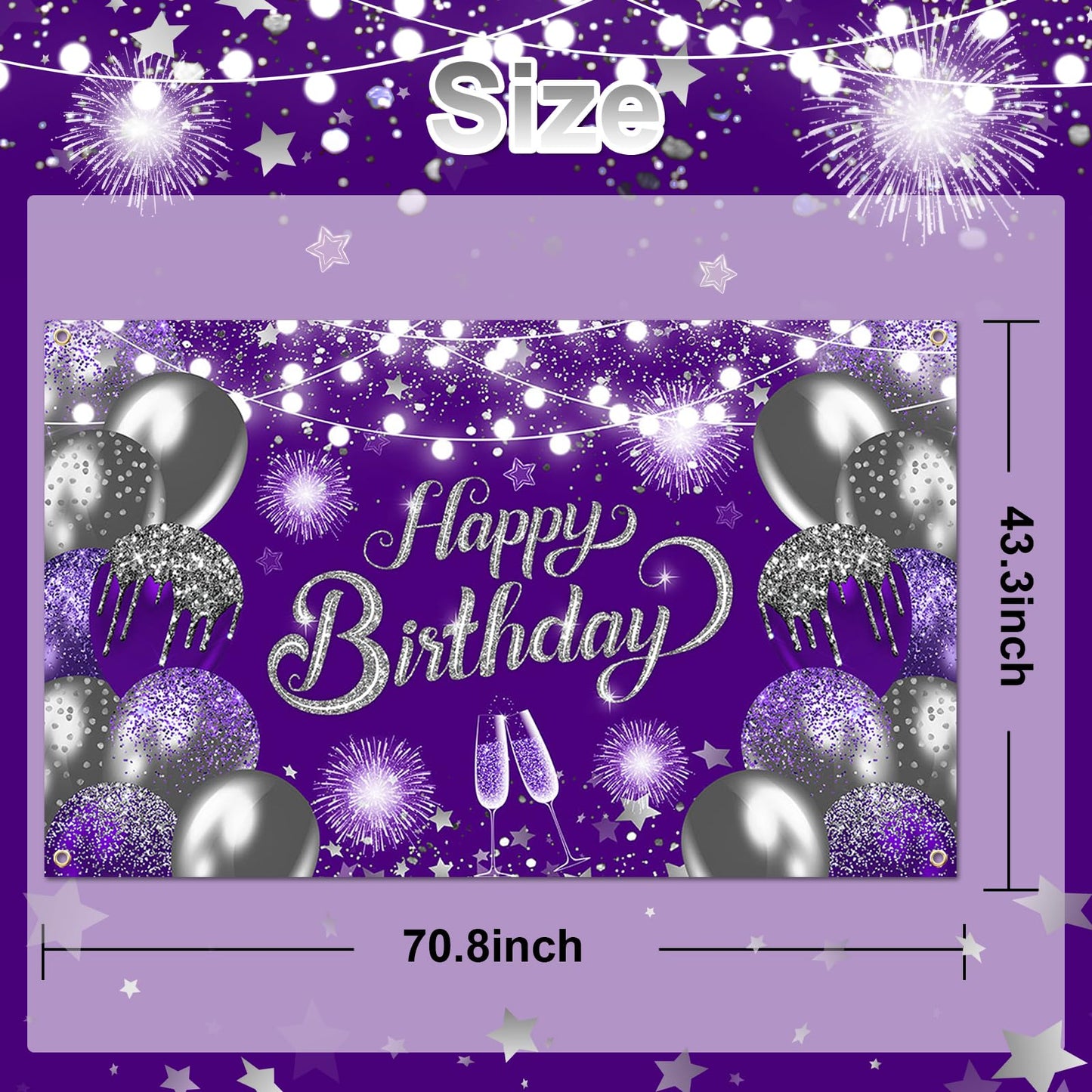Lecheme Purple Silver Happy Birthday Backdrop 6x3.6 ft Purple Banner for Silver Birthday Party Decorations Photo Booth Props