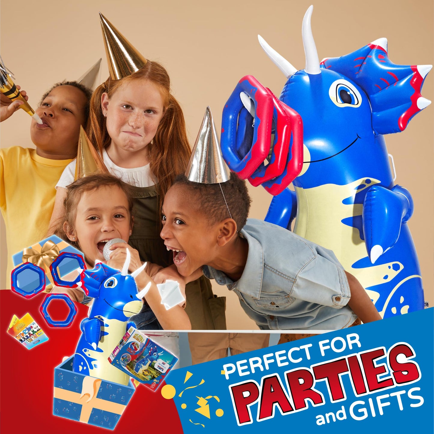 Inflatable Dudes Dinosaur 47 Inches- Kids Punching Bag| Already Filled With Sand |Triceratops Bop Bag |Ring Toss With 3 Inflatab