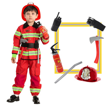 Spooktacular Creations 8Pcs Firefighter Costume For Kids, Fireman Costume For Boys, Fire Fighter Costume For Boys Halloween Dress-Up Parties, Fireman Role Play (Medium (8-10Yr))