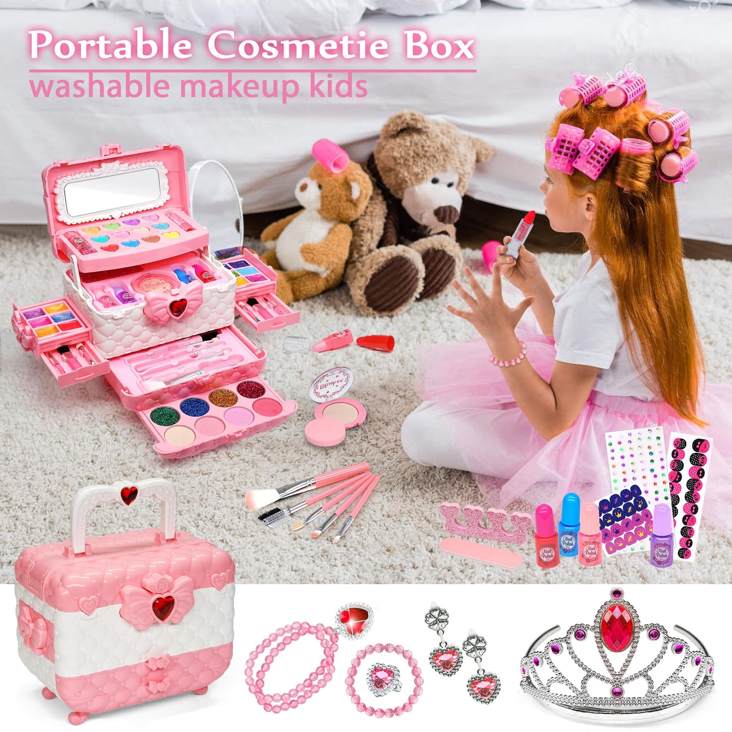 Kids Makeup Kit for Girl - Little Girls Makeup Set Toy, Girls Makeup Kit for Kids, Pretend Play Makeup Vanities for Toddlers Chi