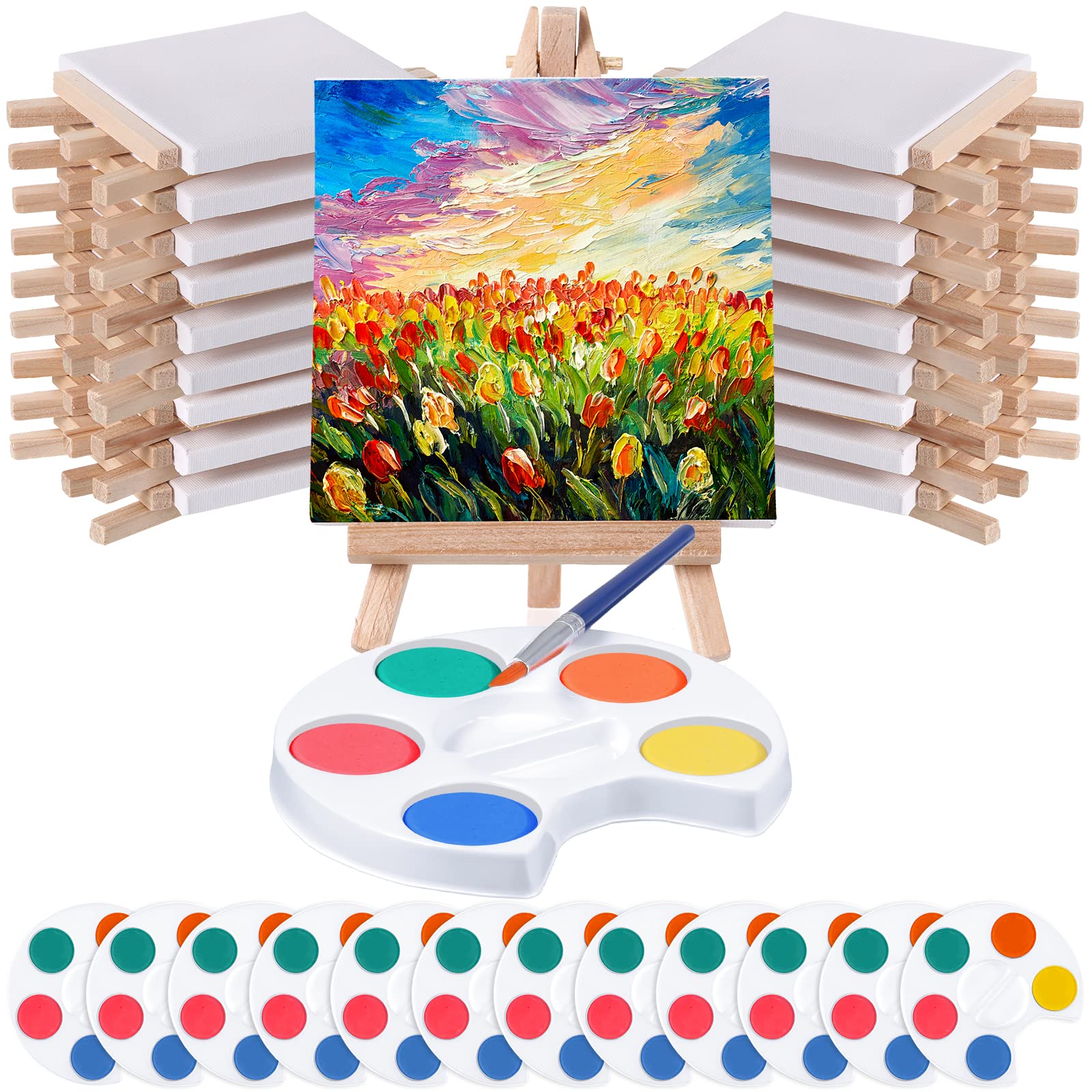 Crtiin Watercolor Paint Sets Mini Paint Set 4x4 Small Painting Canvas with Easel Paints Brush Set Art Party Favors and Watercolo