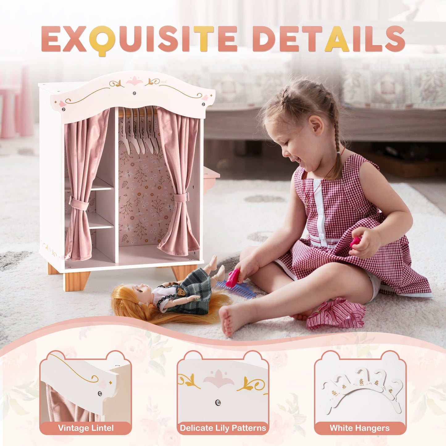 Robud Wooden Play Armoire Closet For Dolls, Doll Closet Furniture Wardrobe With 5 Hangers, Mirror, Velvet Curtains, Fit For 16-20In American Girl Doll Clothes, Gift For Boys & Girls, 3+