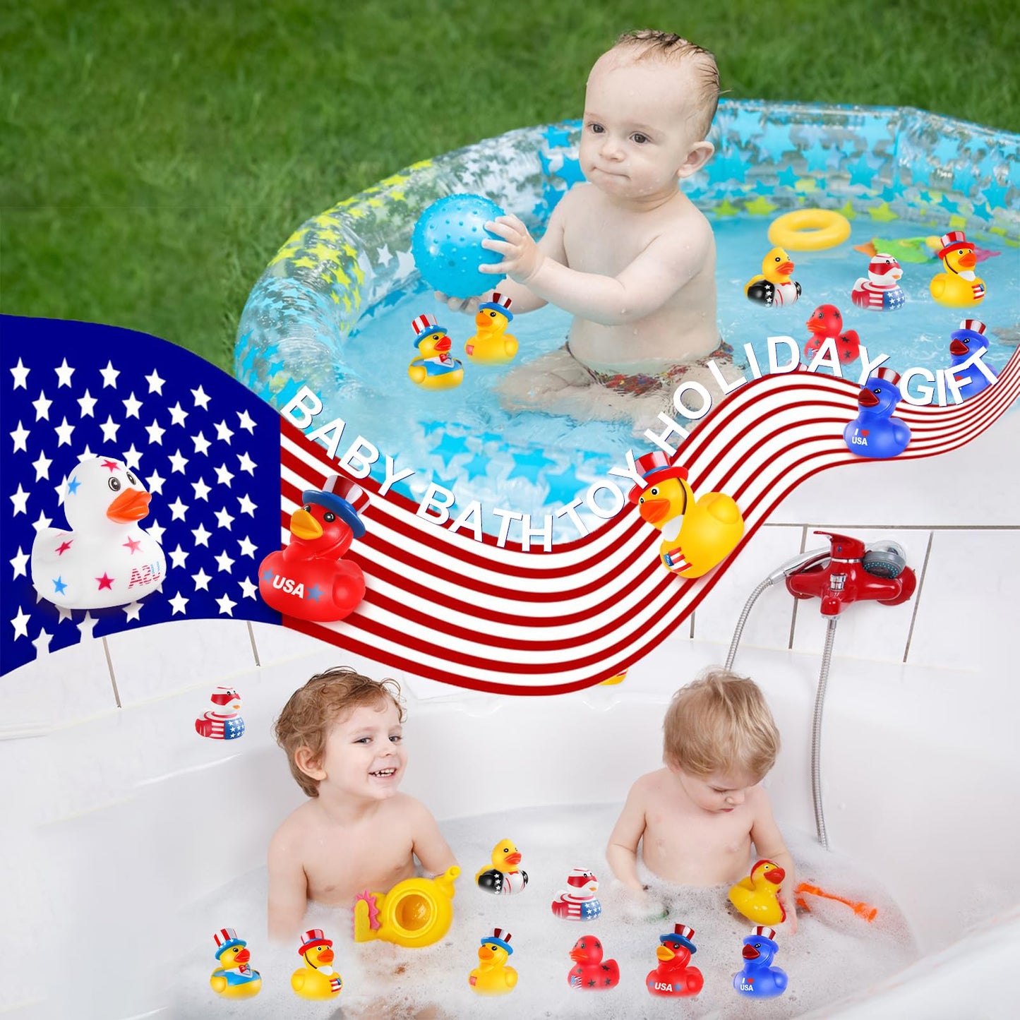 Scione Patriotic Rubber Ducks - 24 Pcs Independence Day Novelty Funny Squeeze Baby Shower Bathtub Ducks For Fourth Of July Party