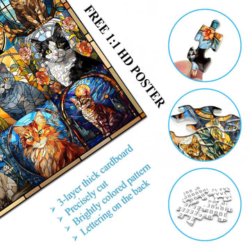 Stained Glass Puzzle Cat Puzzles For Adults 1000 Pieces, Colorful Kitty Kitten Collage Puzzles 1000 Pieces, Hard Difficult Impossible Challenging Jigsaw Puzzles For Adults