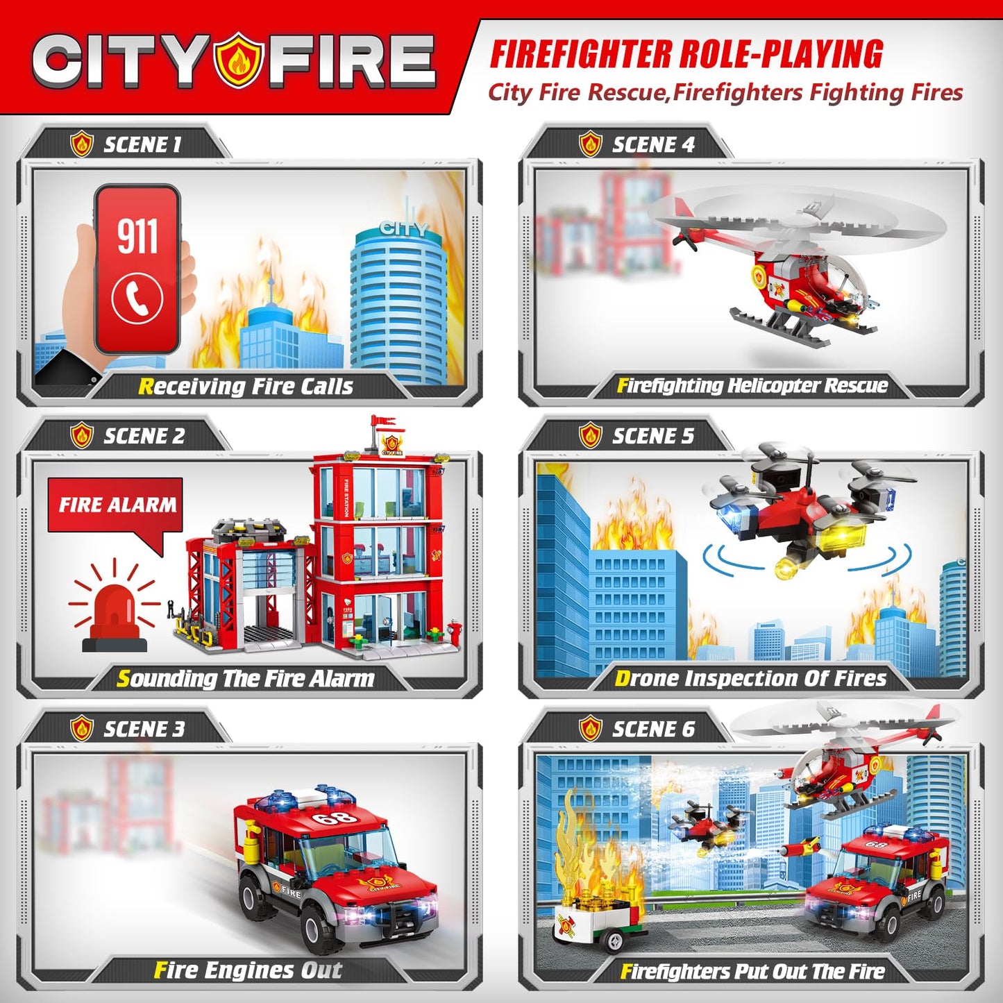 City Fire Station Building Blocks Set With Fire Truck, Fire Rescue Helicopter,Drone & Fire Engine Toys,Fire Command Center Playset, Firefighters Roleplay Toy Gifts For Kids Boys Girls Ages 6+(744Pcs)
