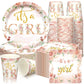 Hushee 200 Pcs Floral Baby Shower Paper Plates Napkins Cups Baby Shower Party Supplies Tableware Set Rose Gold Disposable Cup Na