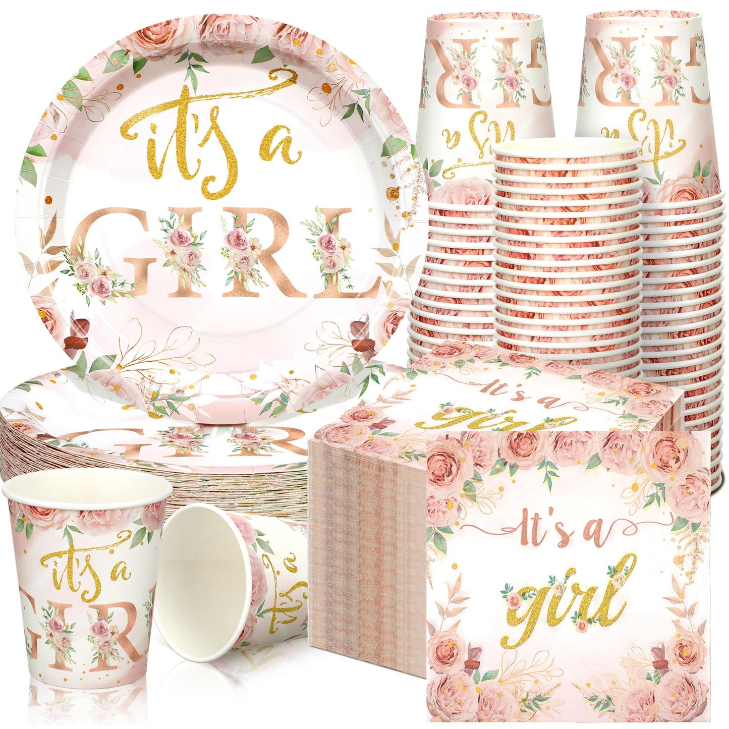 Hushee 200 Pcs Floral Baby Shower Paper Plates Napkins Cups Baby Shower Party Supplies Tableware Set Rose Gold Disposable Cup Na