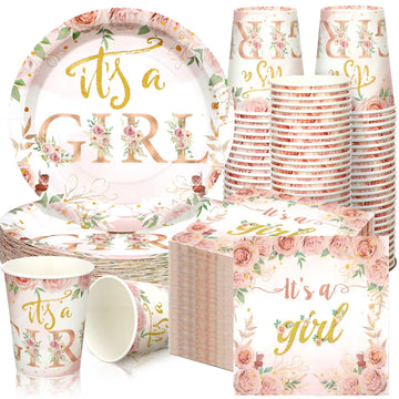 Hushee 200 Pcs Floral Baby Shower Paper Plates Napkins Cups Baby Shower Party Supplies Tableware Set Rose Gold Disposable Cup Na
