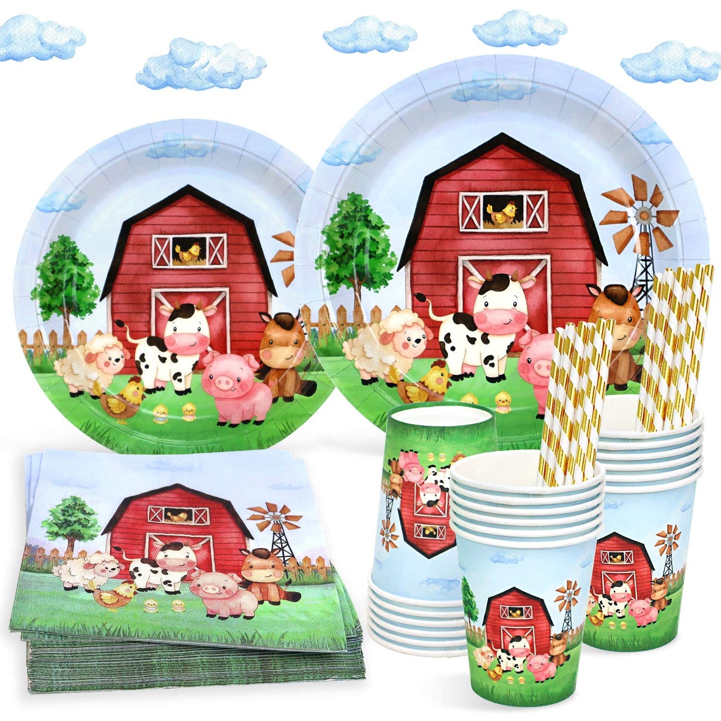Watercolor Farm Birthday Party Supplies Plates Set For 25 Guests,125 Pieces Paper Plates Napkins Cups Dinnerware For Barnyard Fa