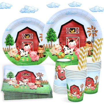Watercolor Farm Birthday Party Supplies Plates Set For 25 Guests,125 Pieces Paper Plates Napkins Cups Dinnerware For Barnyard Fa