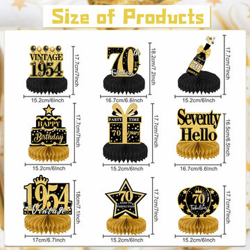 Elomy 70Th Birthday Decorations - 9Pcs Vintage 70Th Birthday Party Table Decorations For Women Black Gold 1954 Table Topper Hone