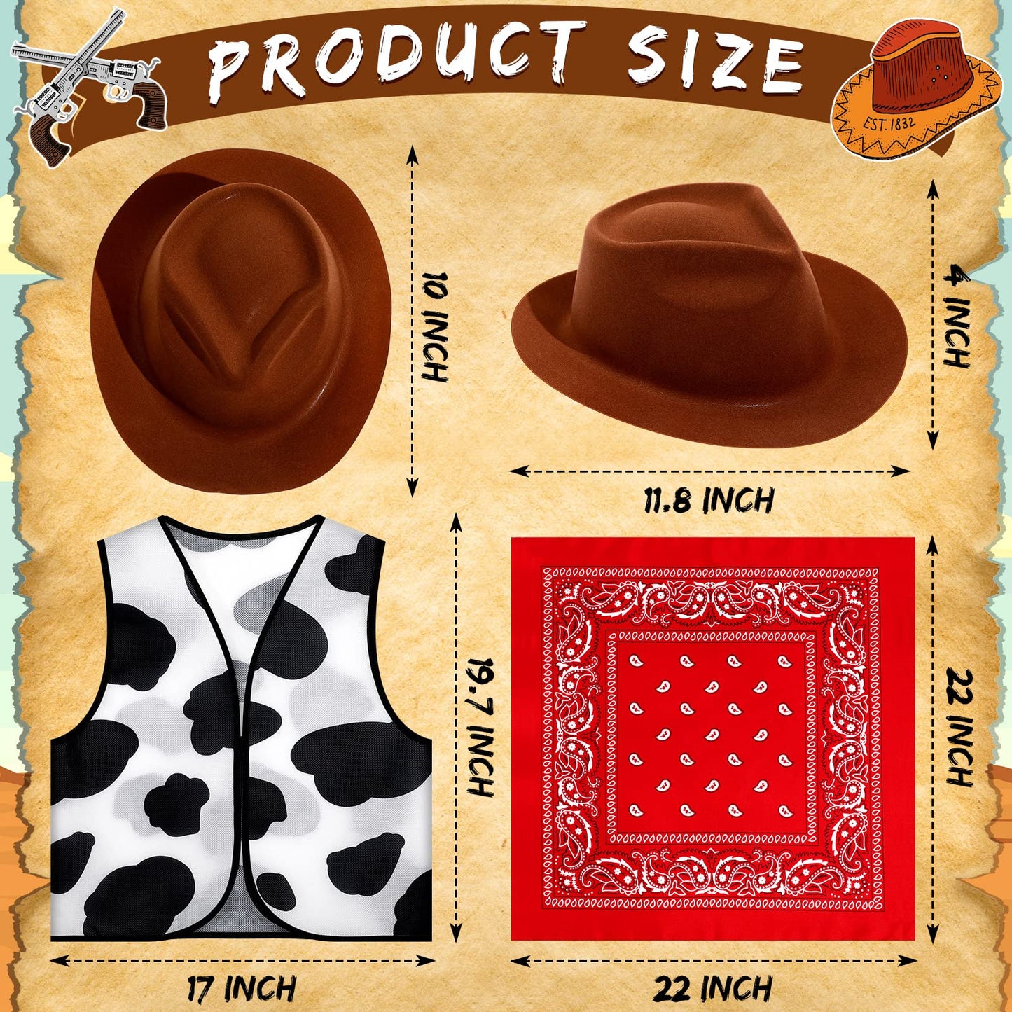 18 Pcs Kids Western Costume Set Include 6 Western Cowboy Felt Hat With 6 Bandanna 6 Cow Vest Tops For Boys Girls Halloween (Brown)