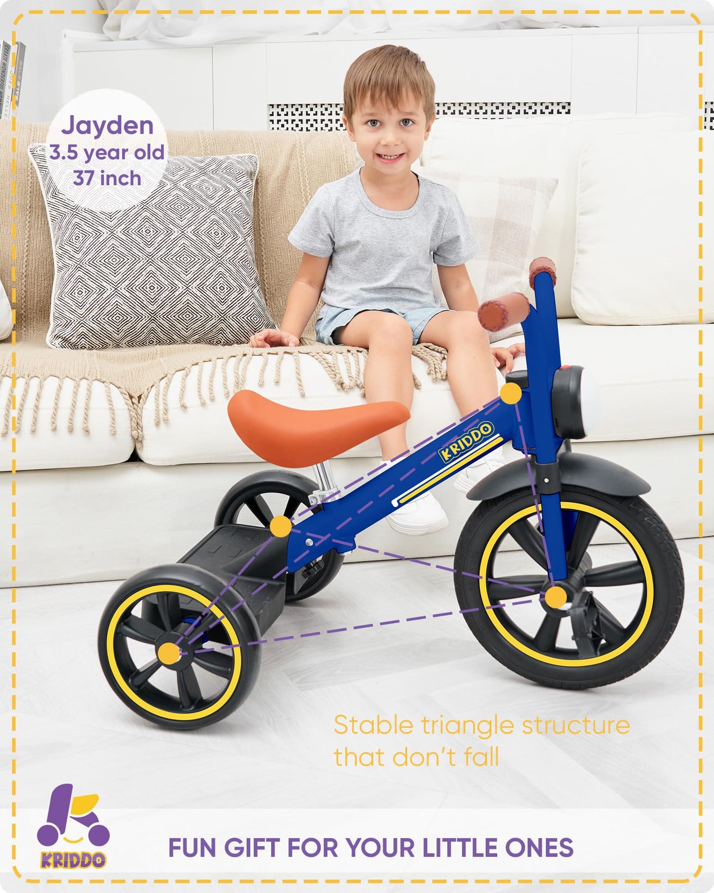 KRIDDO Kids 12 Inch Tricycle With Puncture Free Wheels, Front Light, Adjustable Seat - Gift for 2-5 Year Olds, Blue