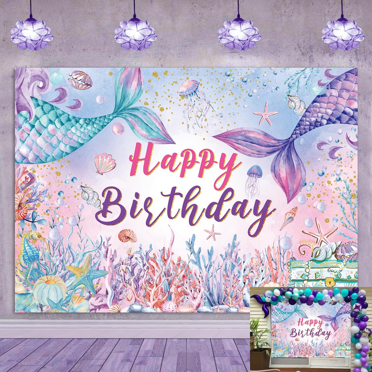 Mermaid Happy Birthday Backdrop Fish Tail Coral Decoration Banner Marine Biological Background for Princess Girl Mermaid Theme B