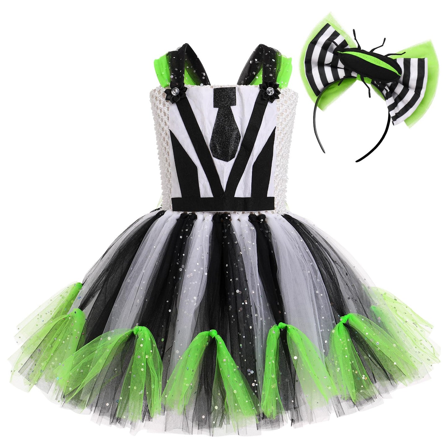 Obeeii Kids Girls Halloween Costume Black White Stripe Tulle Tutu Dress With Headband Set Carnival Fancy Dress Black White Strip