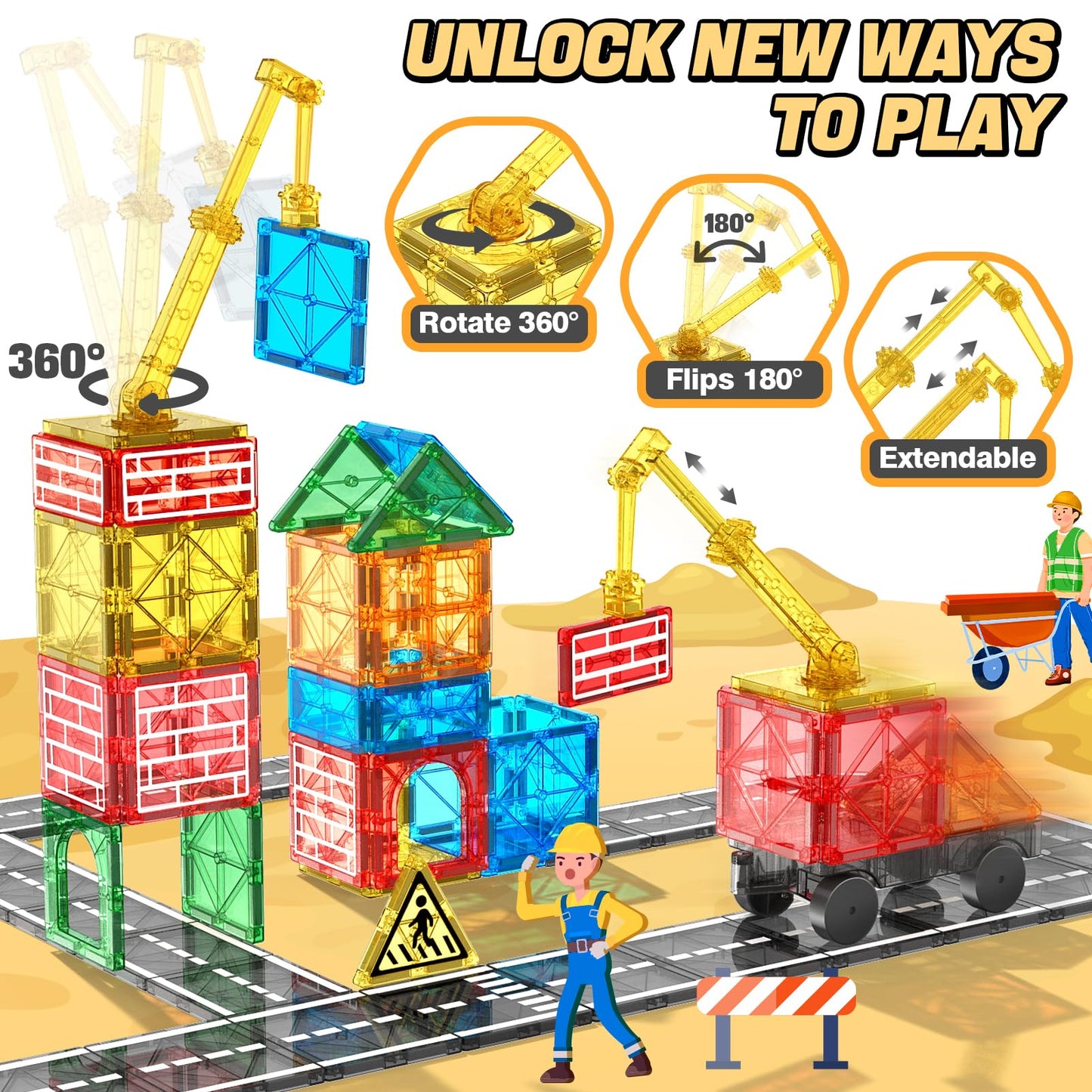 Magnetic Tiles Road Building Blocks - Magnet Crane Car Set For Kids Ages 3-5 4-8 5-7 Preschool City Construction Kids Games Dino