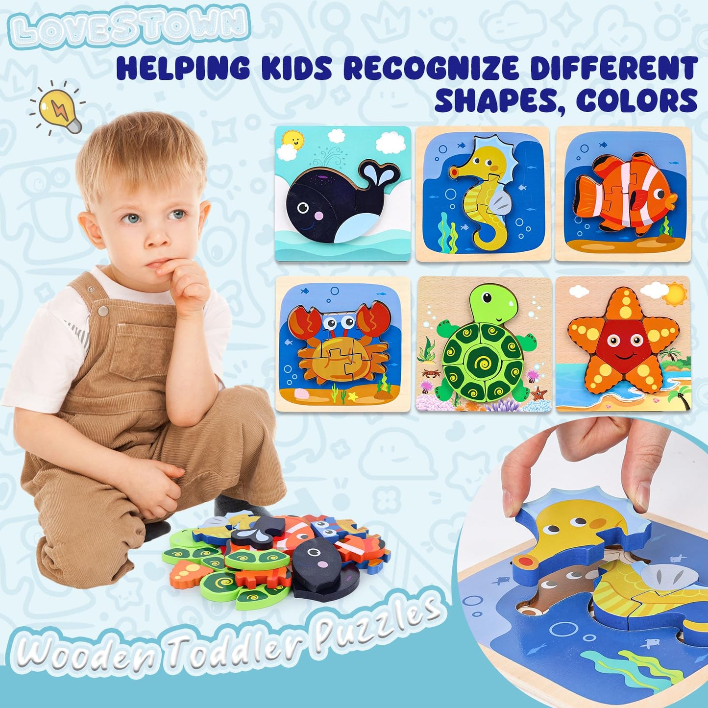 Lovestown 6Pcs Wooden Toddler Puzzles, Wooden Sea Animal Puzzles Montessori Jigsaw Puzzles Preschool Toy Gift For Kids Educational Developmental Toys