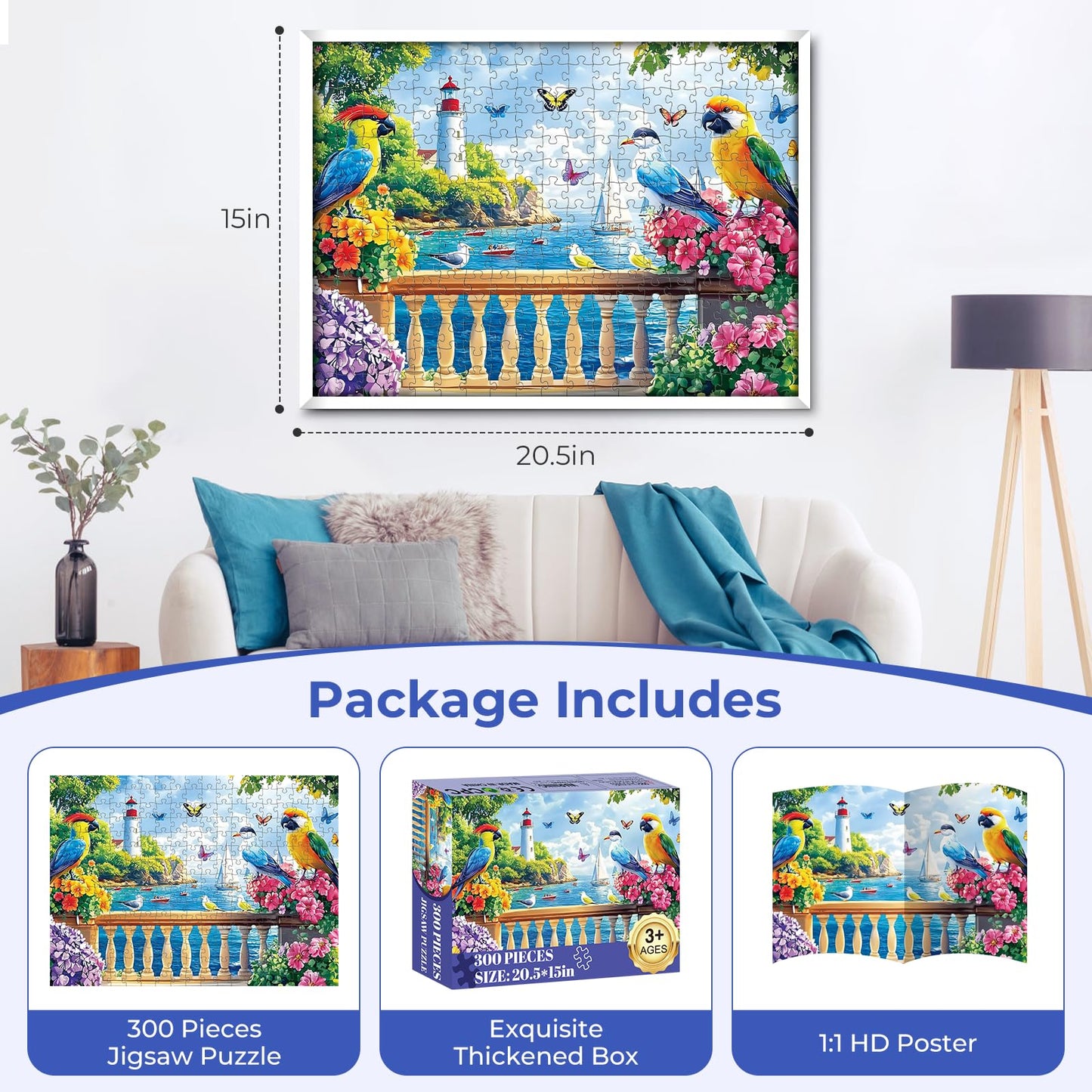 300 Pieces Puzzles for mature-themeds Birds & Flowers Puzzle 300 Pieces Puzzle for mature-themed Large Piece Coastal Lighthouse Jigsaw Puzzle for Kids Ages 8-10 Challenging Family Game Holiday Party Gift 20.5 x 15 In