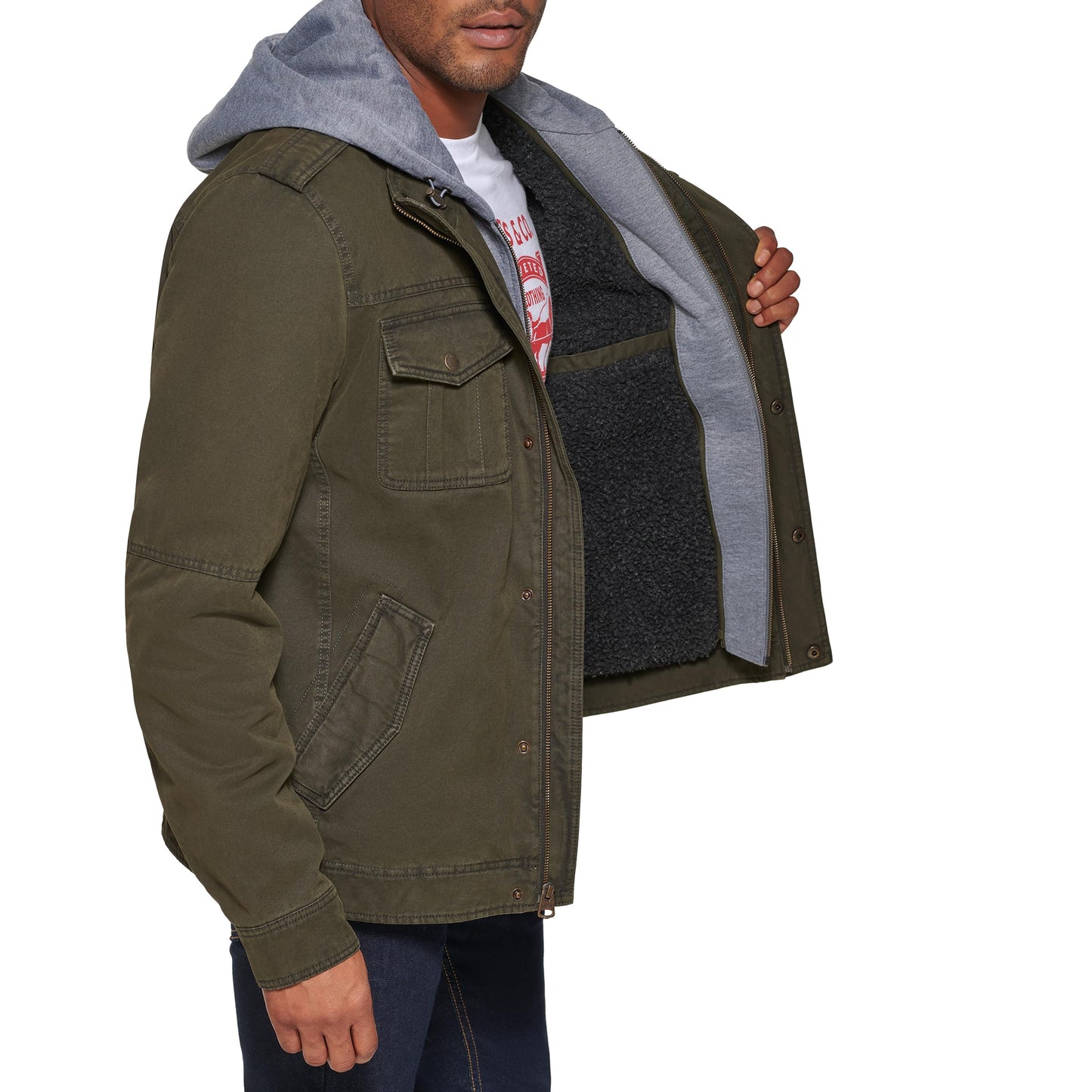 Levi's Men's Washed Hooded Military Jacket, X-Large, Olive Cotton, Model LM4RC364