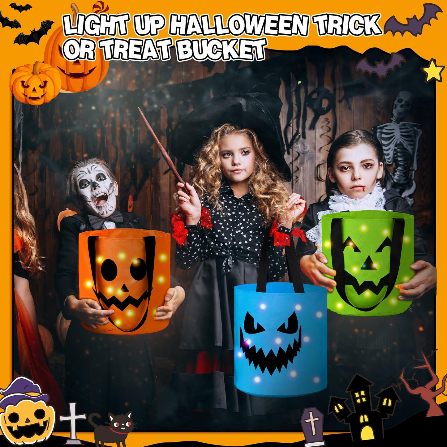 Sadnyy 3 Pcs Halloween Trick or Treat Bags Light up for Kids Pumpkin Candy Bucket LED Halloween Treating Baskets Reusable Goody