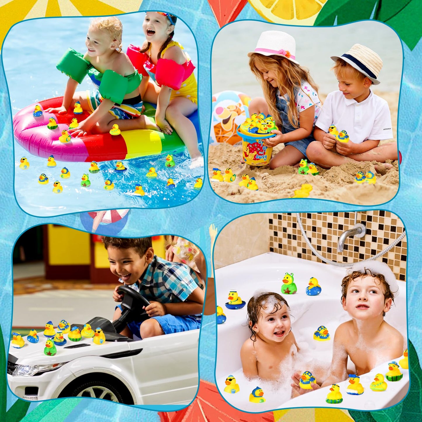 SCIONE 24Pack Summer Rubber Ducks Party Favors, Assorted Beach Rubber Ducks with Net Bag for Pool Beach Toys,Summer Birthday Gif