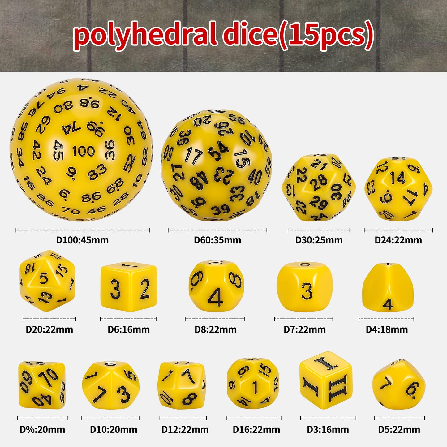 CiaraQ DND Polyhedral Dice Set (15pcs) D4-D100 Game Dice with Dice Bag for Dungeons and Dragons Role Playing Table Games (Yellow