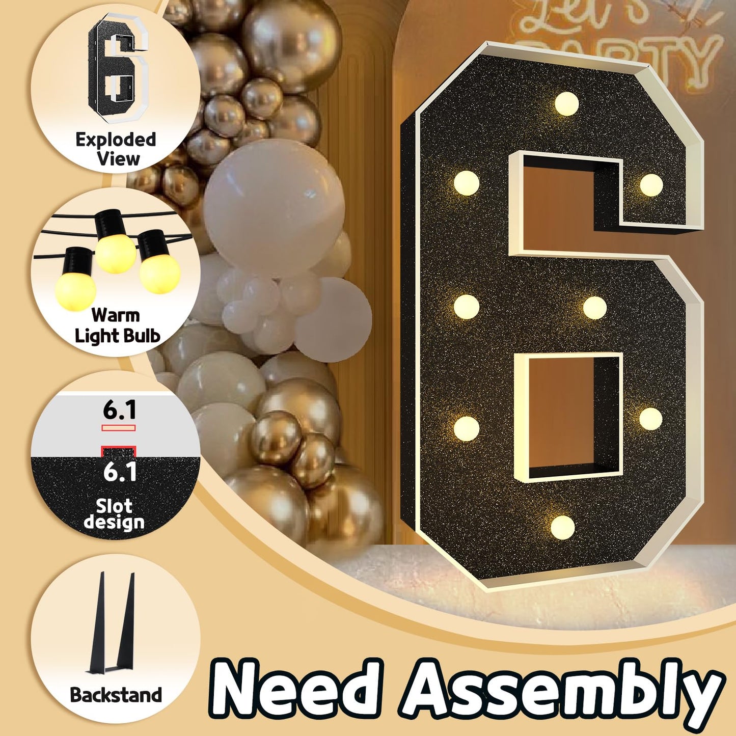 Imprsv Marquee Numbers Black 3Ft: Black Party Decor - Light Up Number 6 Large 3 Feet Tall - Birthday Decorations For Him Her 6Th