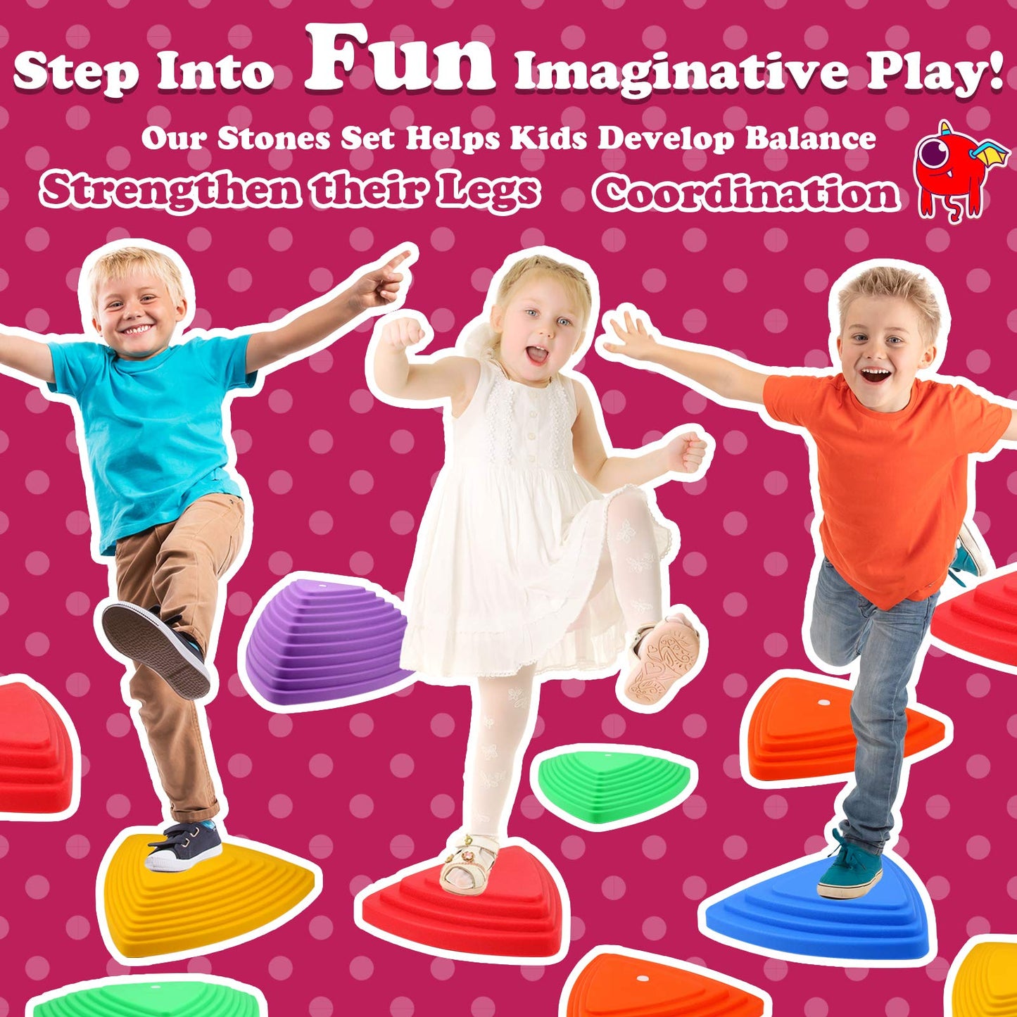 Gentle Monster Stepping Stones For Kids, Set Of 6 Pcs For Balance With Non-Slip Bottom - Exercise Coordination And Stability, Perfect Indoor And Outdoor Play Equipment For Kids, Unique Birthday Gift…