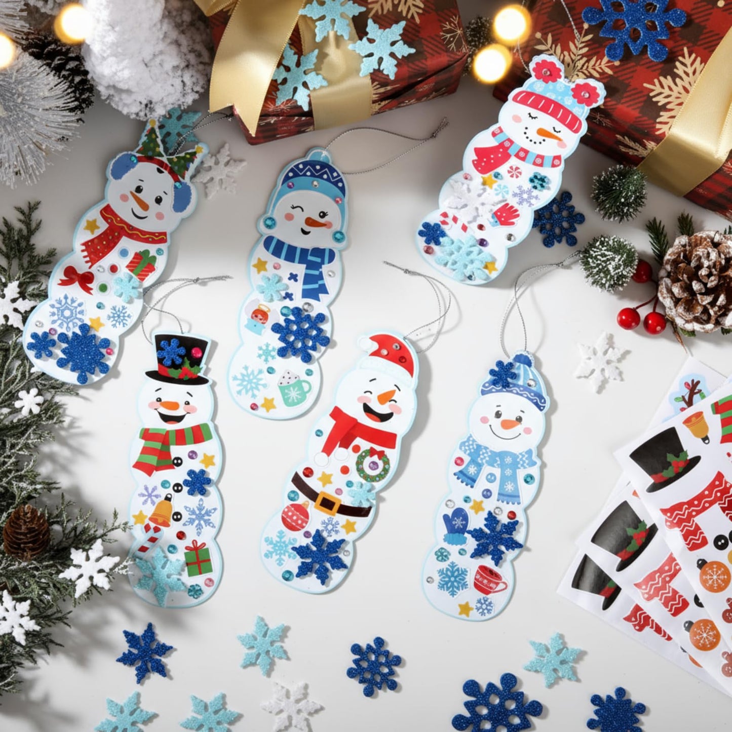 Frienda 48 Set Christmas Snowman Craft Kit DIY Christmas Snowman Bookmarks Ornaments Art Sets Winter Xmas Foam Stickers and Craf