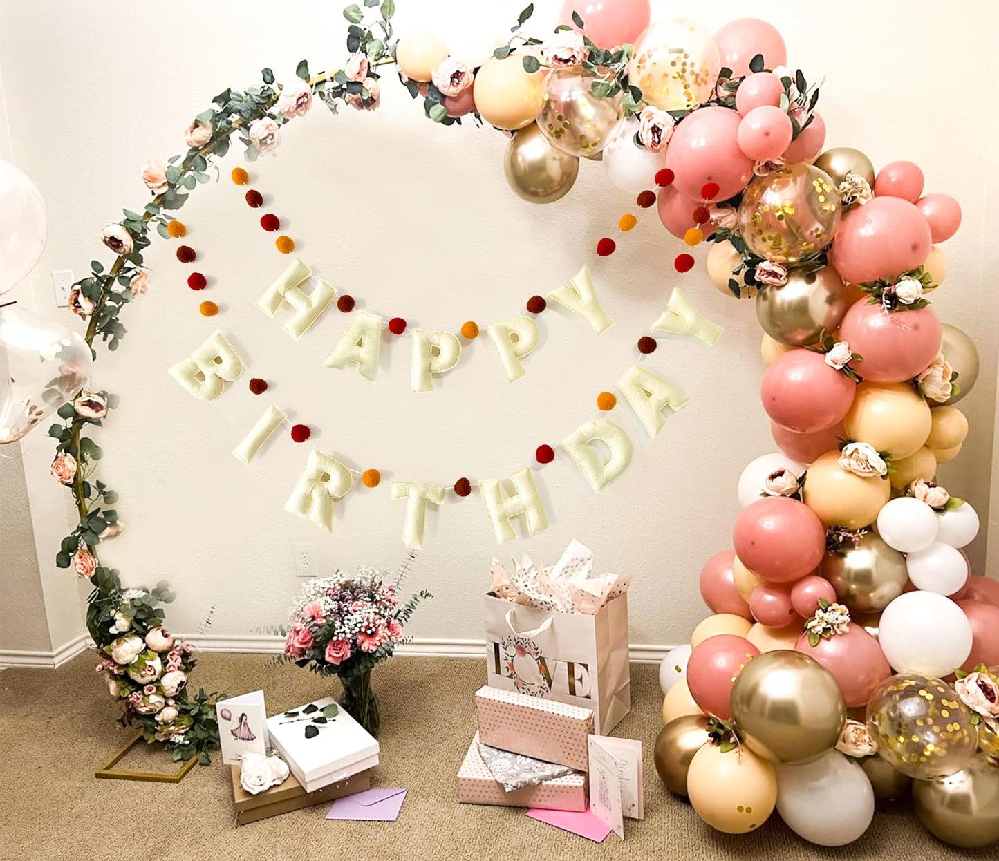 Boho Felt Happy Birthday Banner, Bohemian Birthday Party Decorations,Natural Handmade Wool Letters, Balls, Boho Happy Birthday G