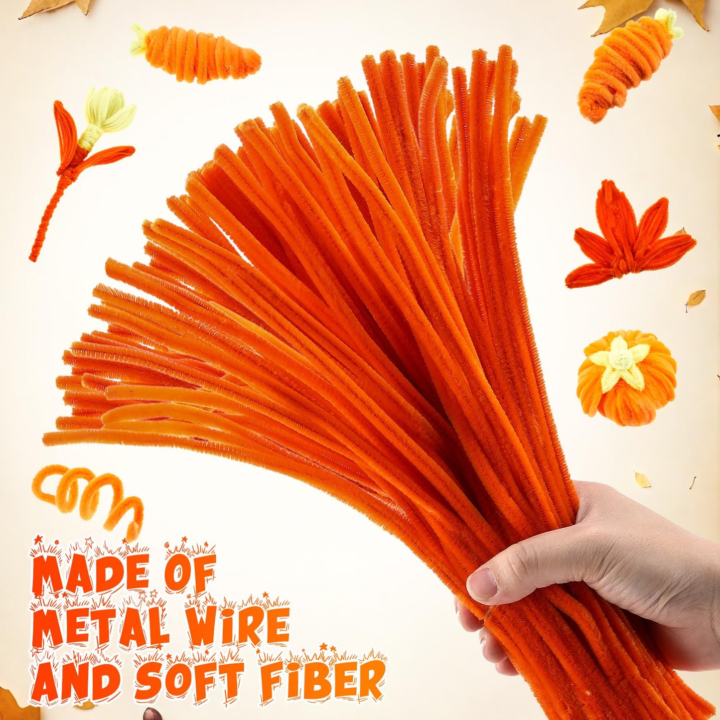 RoundFunny 400 Pcs 24 Inch Extra Long Orange Pipe Cleaners Chenille Stem Thick Fluffy Pipe Cleaners Craft Supplies for Halloween
