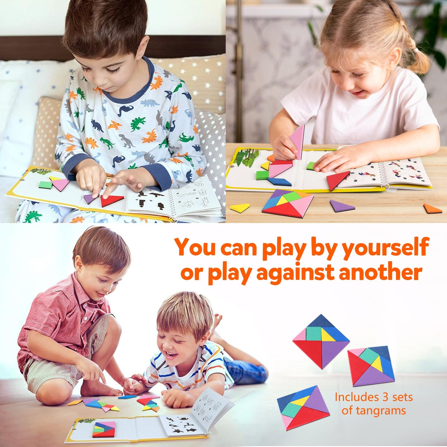 Helsort Travel Tangram Puzzle - Magnetic Puzzle Book For Road Trips, Stem Jigsaw Game With 3 Tangram Sets, Patterns Solutions -
