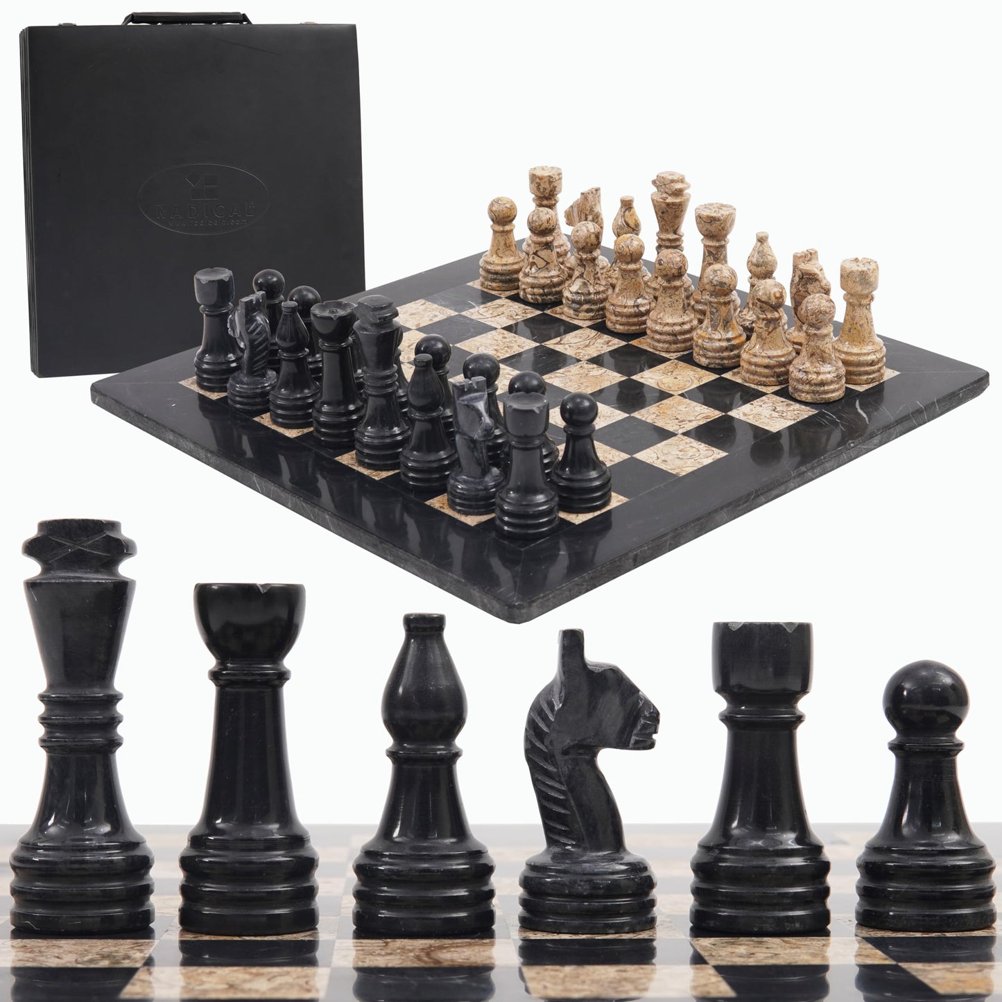 Radicaln Marble Chess Set With Storage Box 15 Inches Black And Fossil Coral Handmade Chess Board Games - 2 Player Games For Adults - 1 Chess Board & 32 Chess Pieces