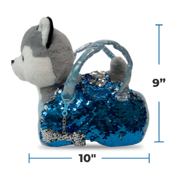 Little Jupiter Pet Plush Set with Purse w/Reversible Sequins & Charm - Stuffed Animal Toy for Kids Ages 3-7 Years - Stuffed Animal Purse - Stuffed Animals for Girls - (Husky Dog)