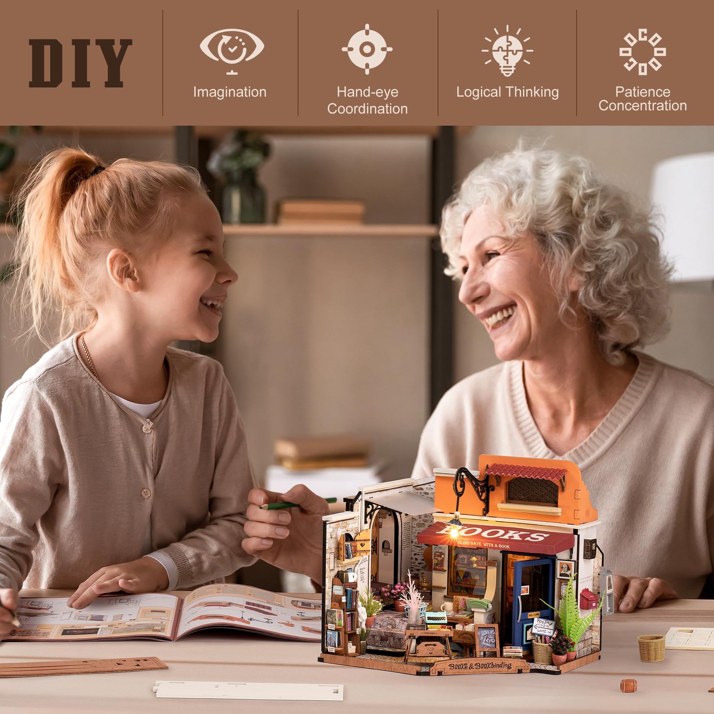Robotime Diy Miniature House Kit Mini Corner Bookstore Tiny House Making Kit With Led Wooden Craft Diorama Kit Decorative Hobby