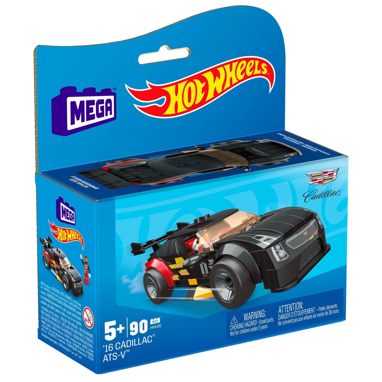 Mega Hot Wheels Building Toy Race Car Playset, 16 Cadillac Ats-V With 90 Pieces, 1 Micro Action Figure Driver, Black, Kids Age 5