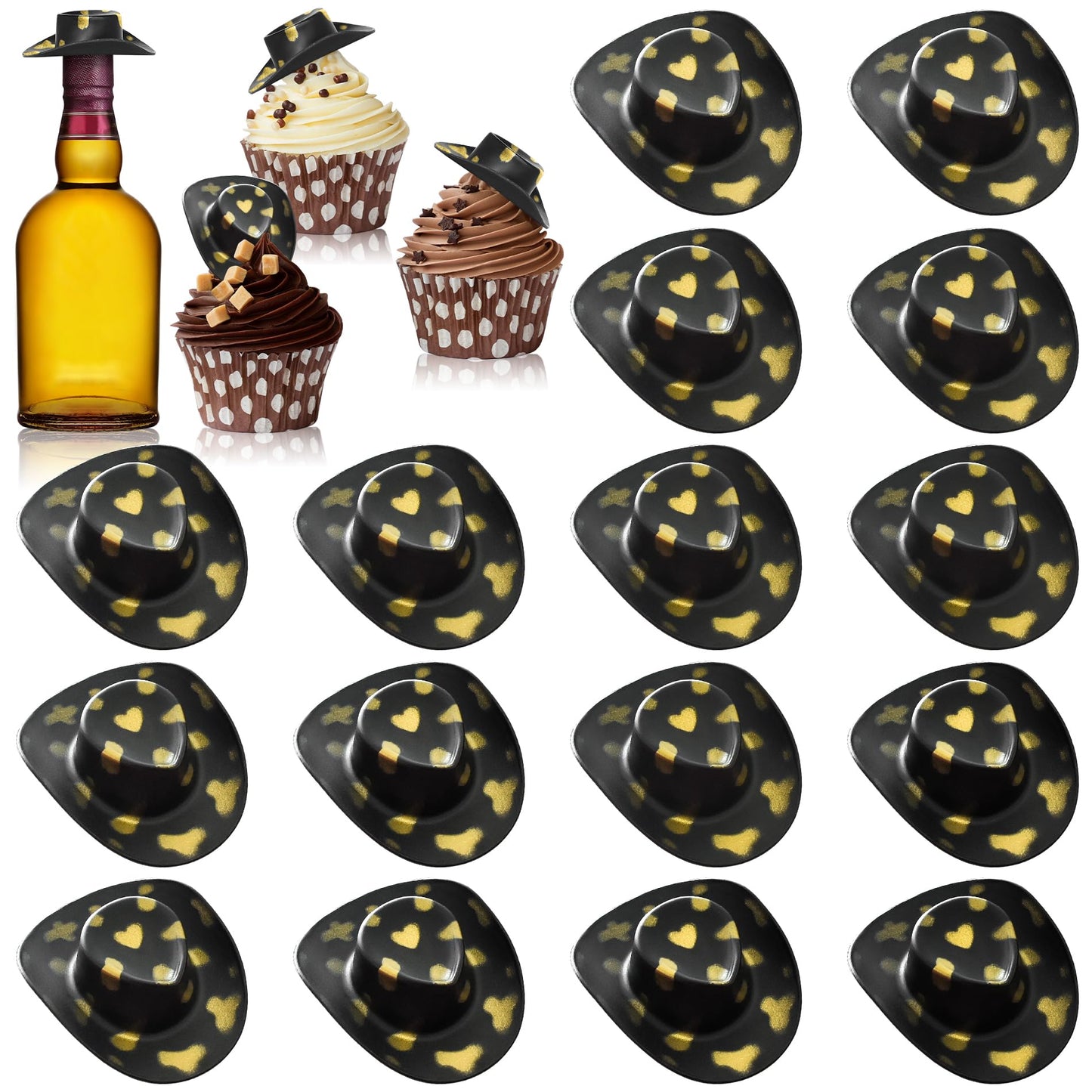 Yuronam 30 Pcs Plastic Mini Western Cowboy Cowgirl Hats Miniature Hats for Crafts,Party,Dollhouse Decoration (Black with Gold Sp