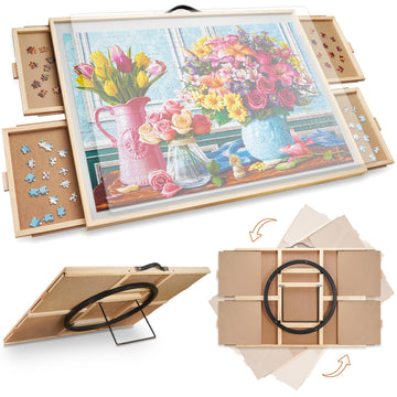 All4Jig 2-In-1 Tilting & Rotating Puzzle Board For 1500 Pieces, 35.2'' X 26.2'', Adjustable Angle Puzzle Table With 4 Drawers & 