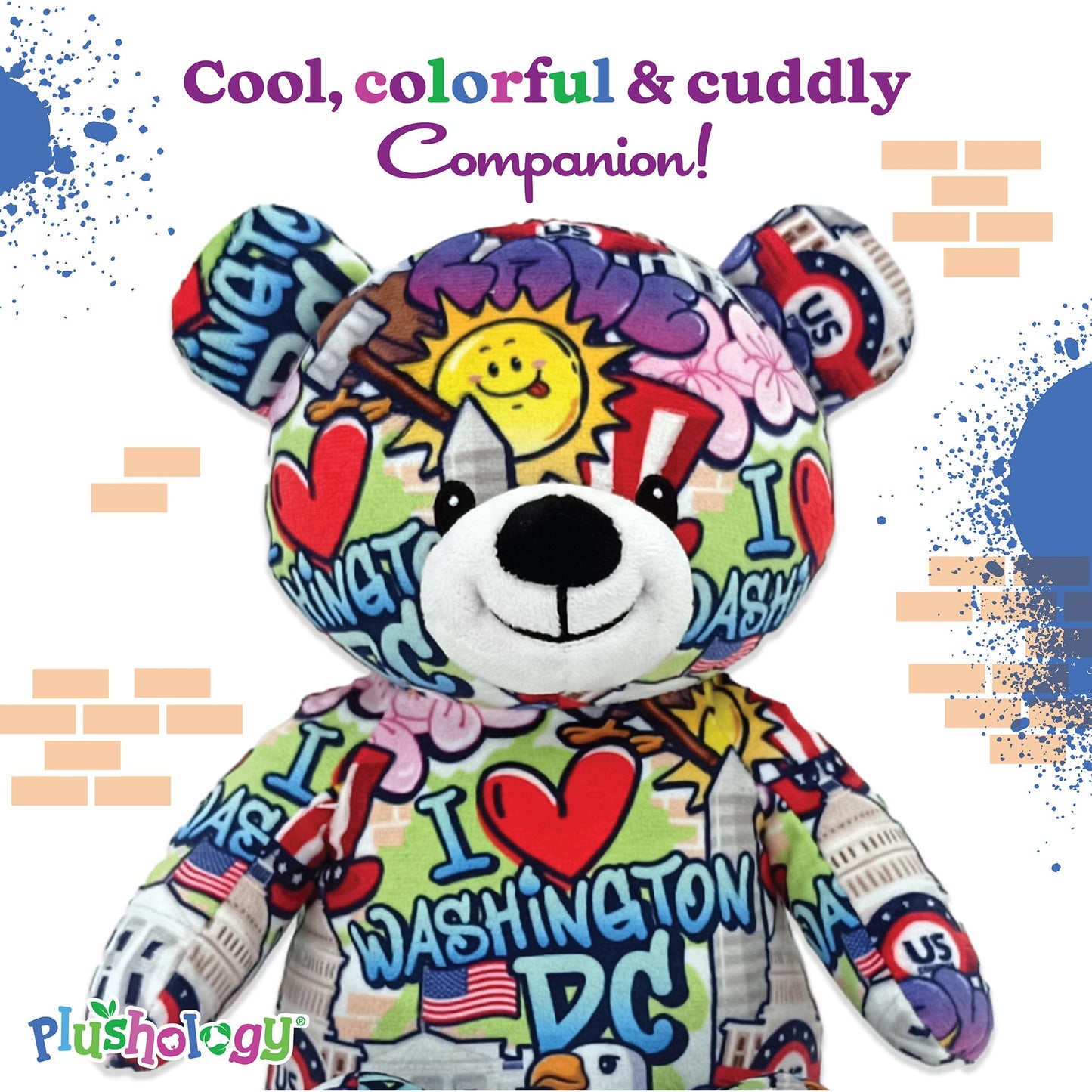 PLUSHOLOGY I Love Washington DC Graffiti Style Teddy Bear Stuffed Animal; Cuddly Soft Velboa Plush Animal for Kids 3 Years Old to mature-themeds; Child-Safe Embroidered Face Details (10 Tall When Seated)