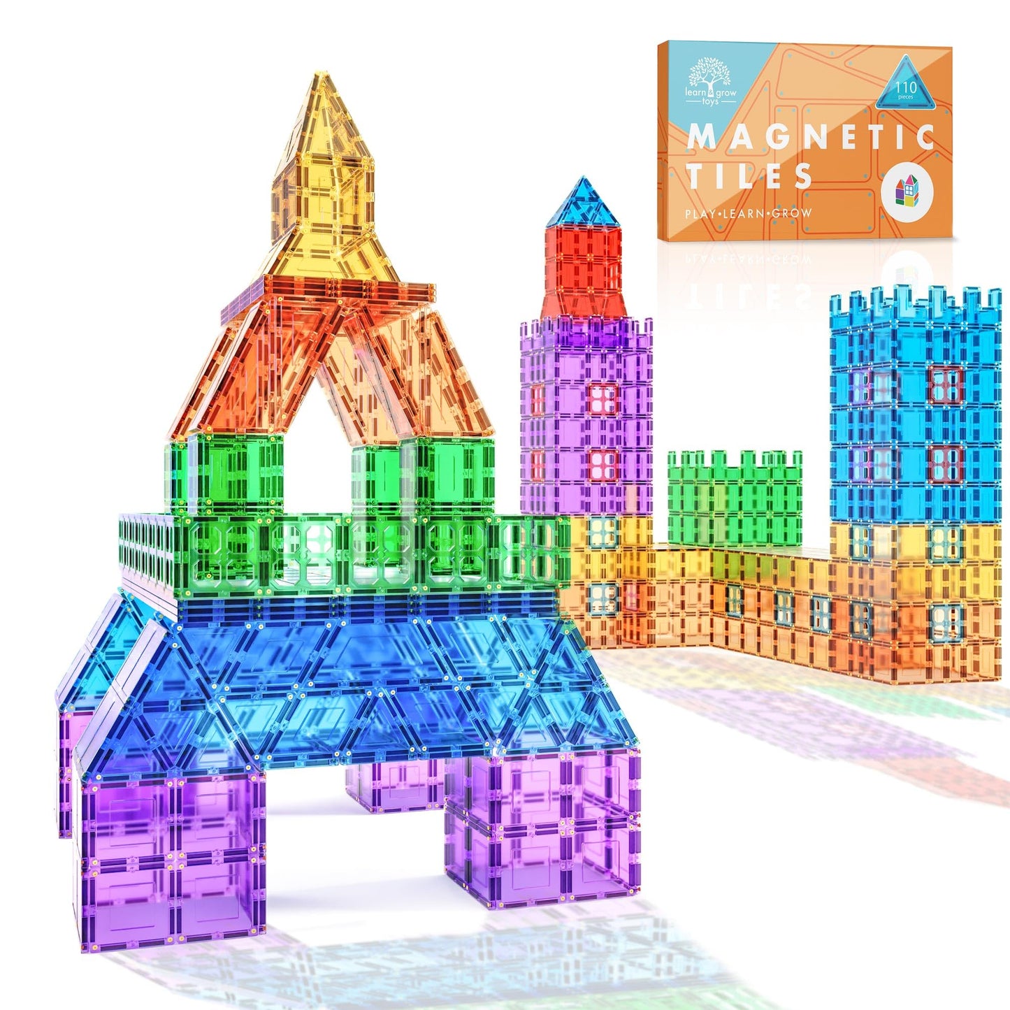 Lean & Grow Toys 110Pcs Magnetic Tiles Builders Pack Kids Magnetic Building Sets 3D Magnet Tile Building Blocks Construction Edu