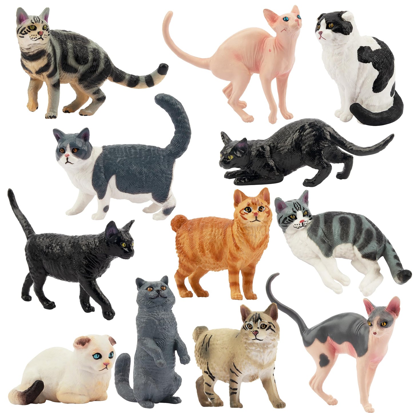 EYSCOTA 12PCS Cat Figurines - Realistic Plastic Kitten Toys, Colorful Cake Toppers for Kids & Children, Model CAT-001