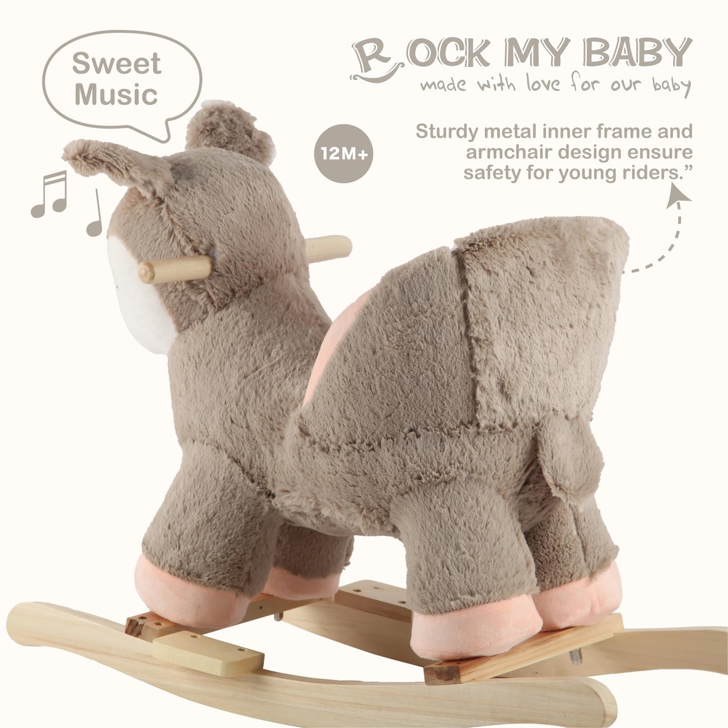 Rock My Baby Rocking Horse Deer with Chair, Plush Stuffed Animal Rocker, Baby Rocker with Sweet Music, Animal Ride on,Pink Deer,