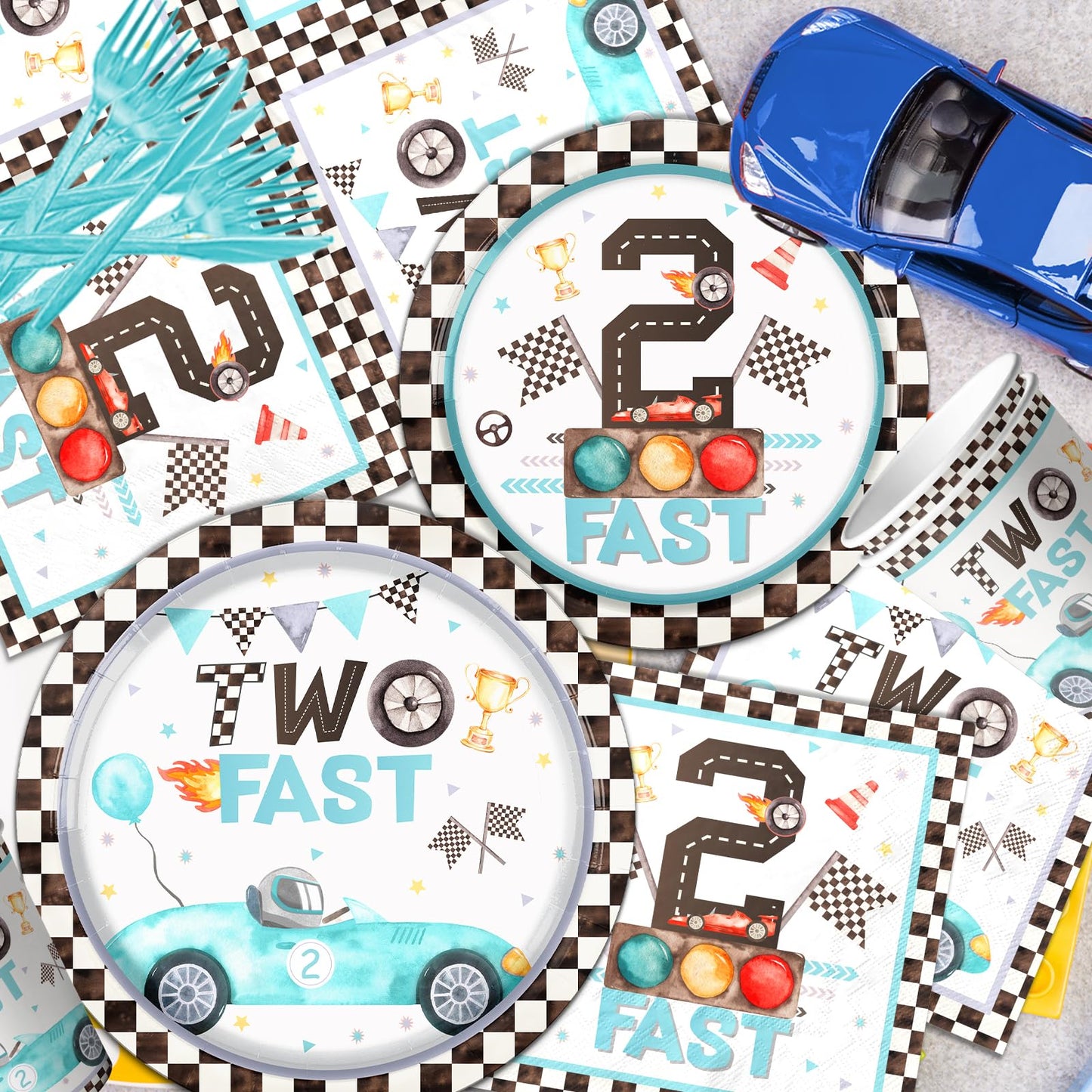 142Pcs Two Fast Birthday Party Tableware Decorations For Boys Blue Race Car Checkered Flags Racing Wheel Disposable Plates,Table