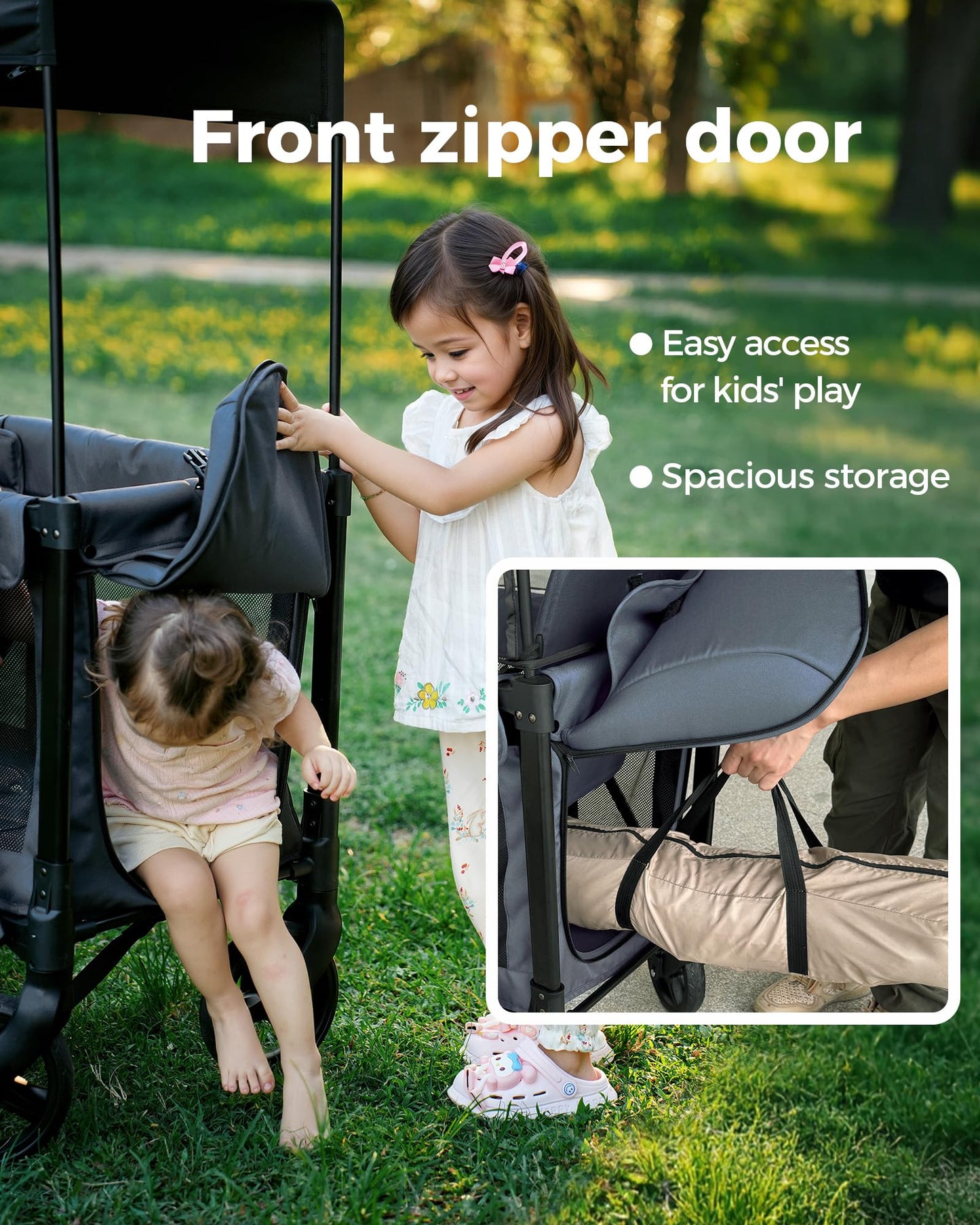 MonGianda Wagon Stroller for 2 Kids, All-Terrain, Foldable, 5-Point Harness, Insulated Snack Pack, Adjustable Handle, Gray, Model BGTFW001